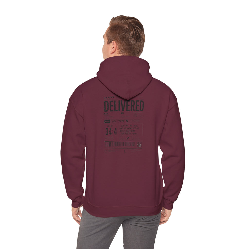 Christian Graphic Hoodie 'Delivered' Shipping Label Pullover, Faith-Based Streetwear Sweatshirt