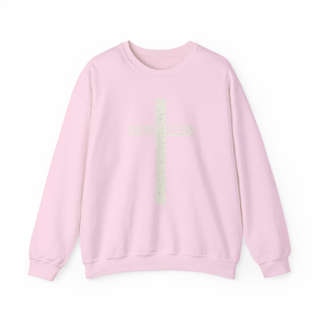 Christian Crewneck Sweatshirt "Salvation" Romans 5:8 Pullover, White Cross Graphic Apparel, Rustic Style Faith Sweatshirt