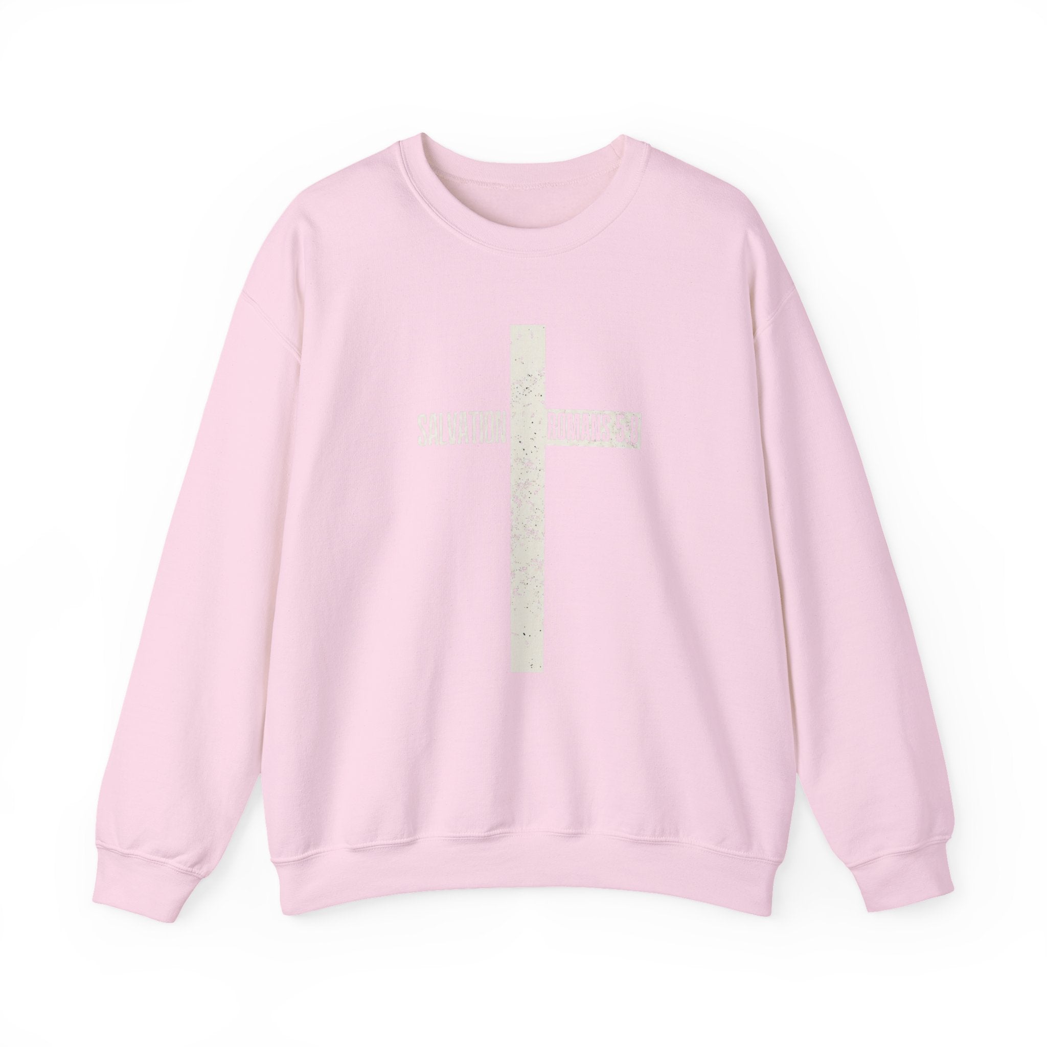 Christian Crewneck Sweatshirt "Salvation" Romans 5:8 Pullover, White Cross Graphic Apparel, Rustic Style Faith Sweatshirt