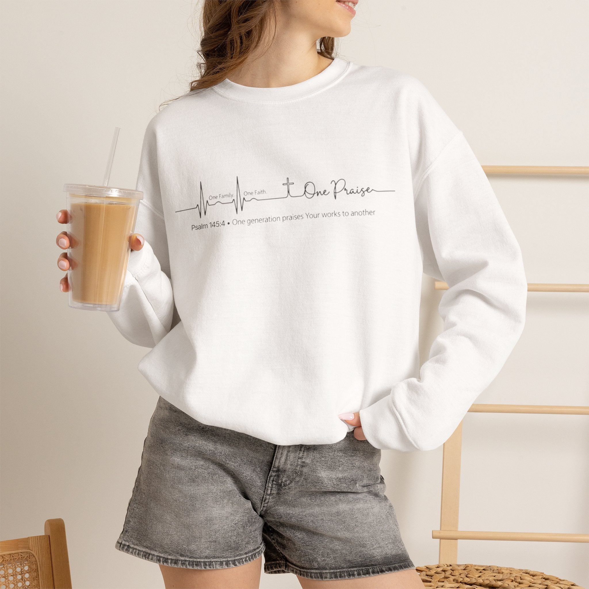 Christian Crewneck Sweatshirt "One Family One Faith One Praise" Pullover, Minimalist Heartbeat Script Apparel, Religious Graphic Sweatshirt