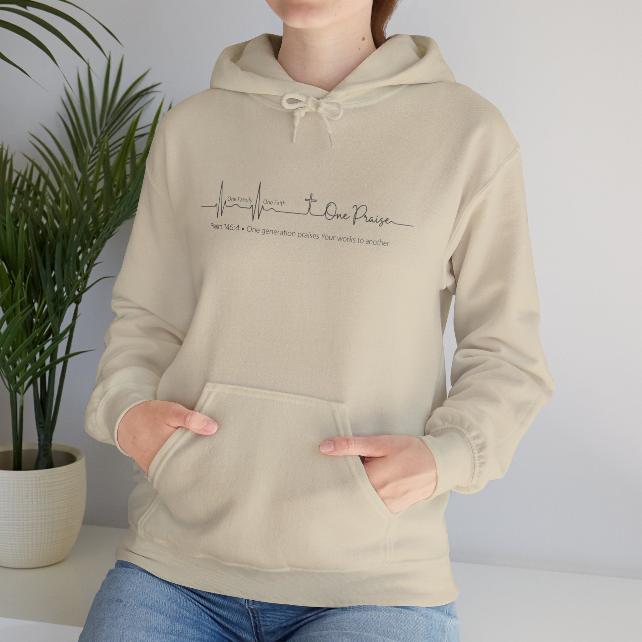 Hoodie "One Faith One Family One Praise" Minimal Heartbeat Faith Script - White Pullover