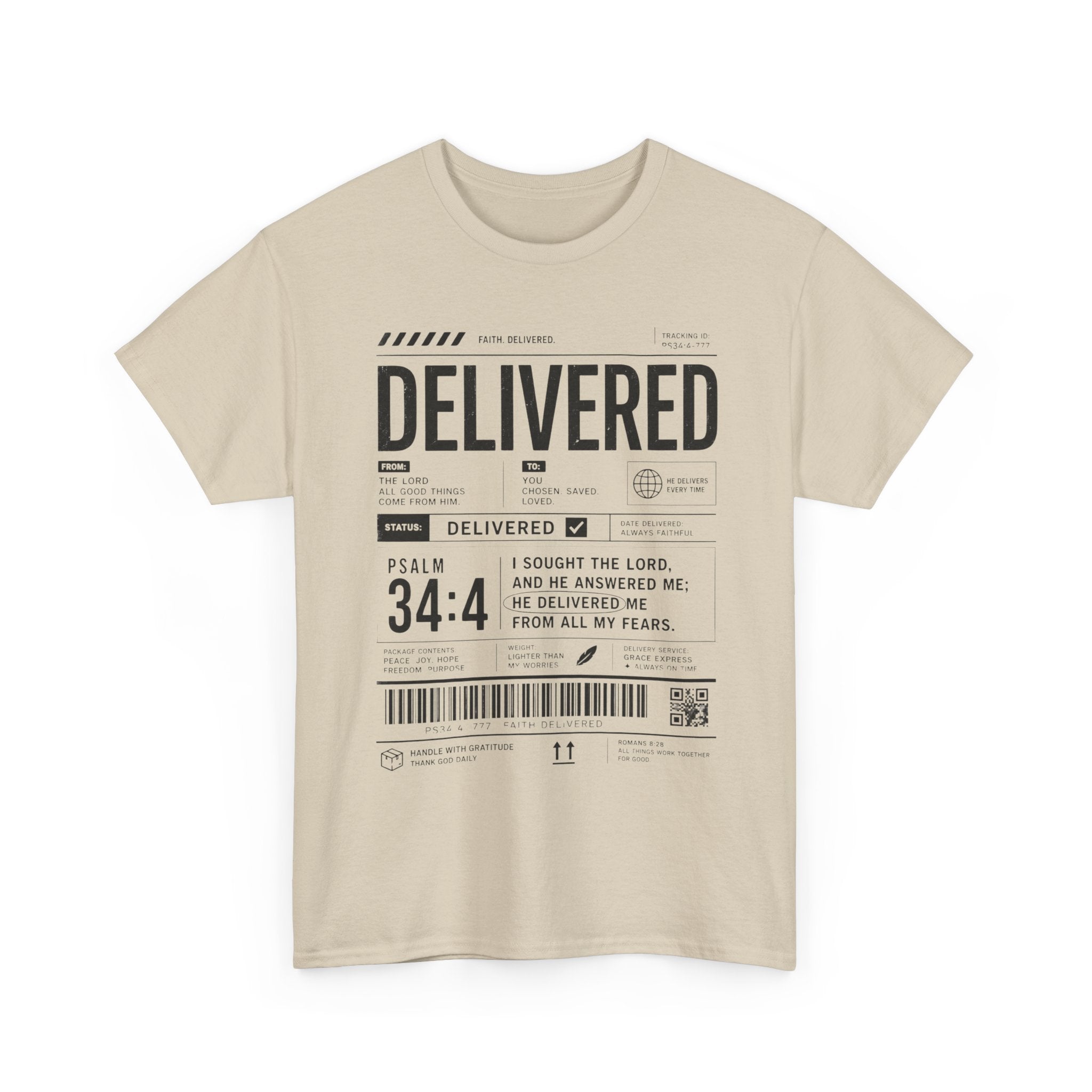 Delivered Graphic Tee — Inspirational Psalm 34:4 Christian T-Shirt