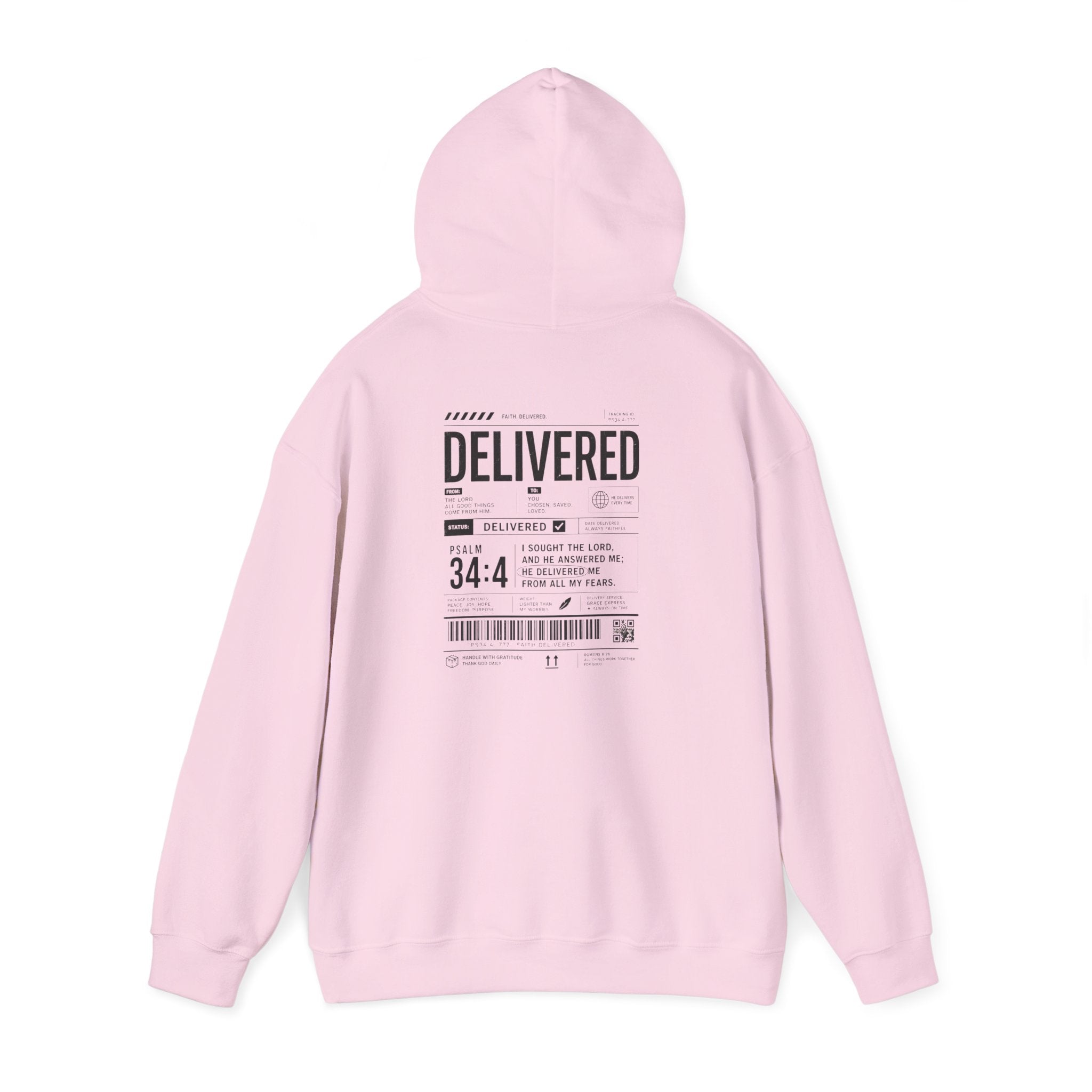 Christian Graphic Hoodie 'Delivered' Shipping Label Pullover, Faith-Based Streetwear Sweatshirt