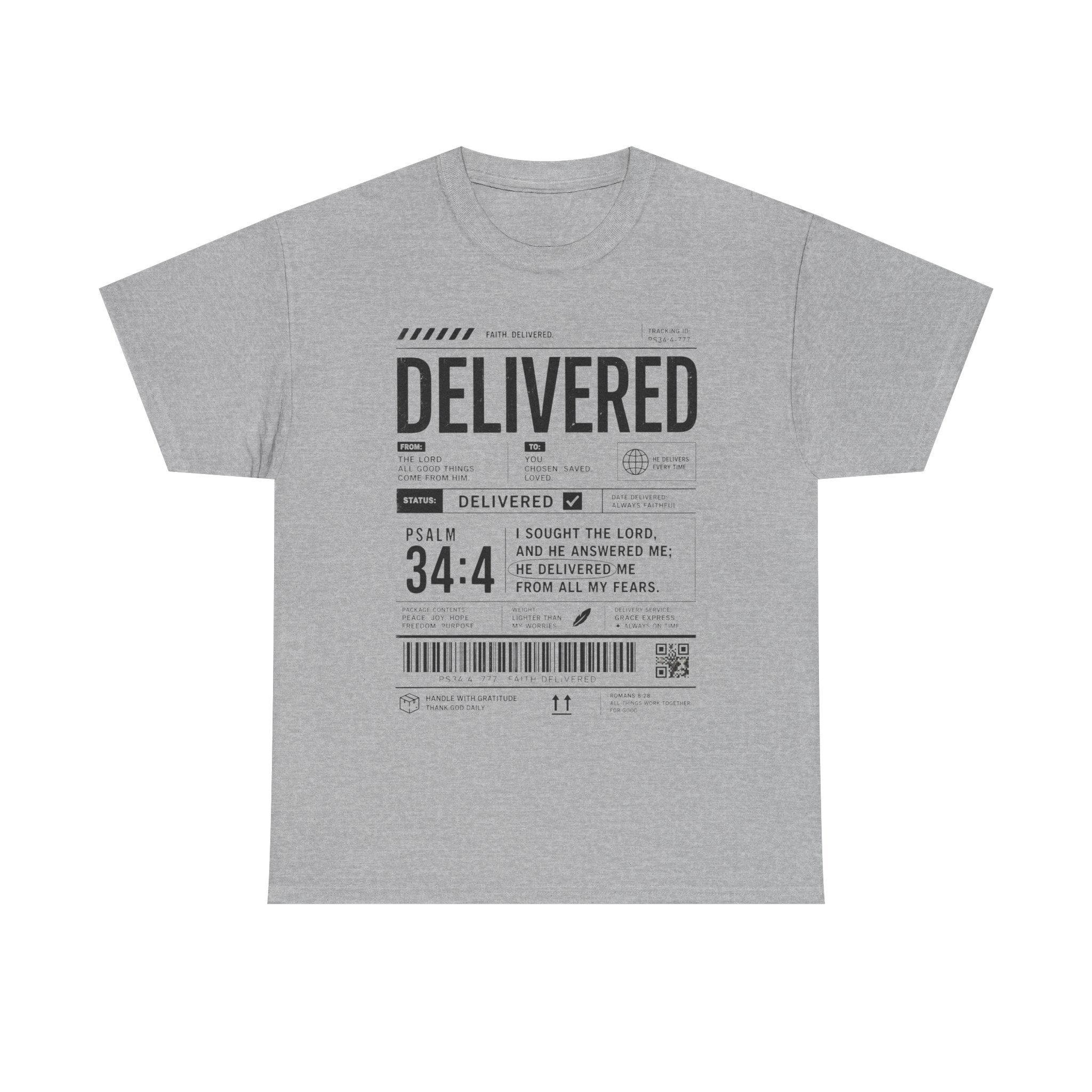Delivered Graphic Tee — Inspirational Psalm 34:4 Christian T-Shirt