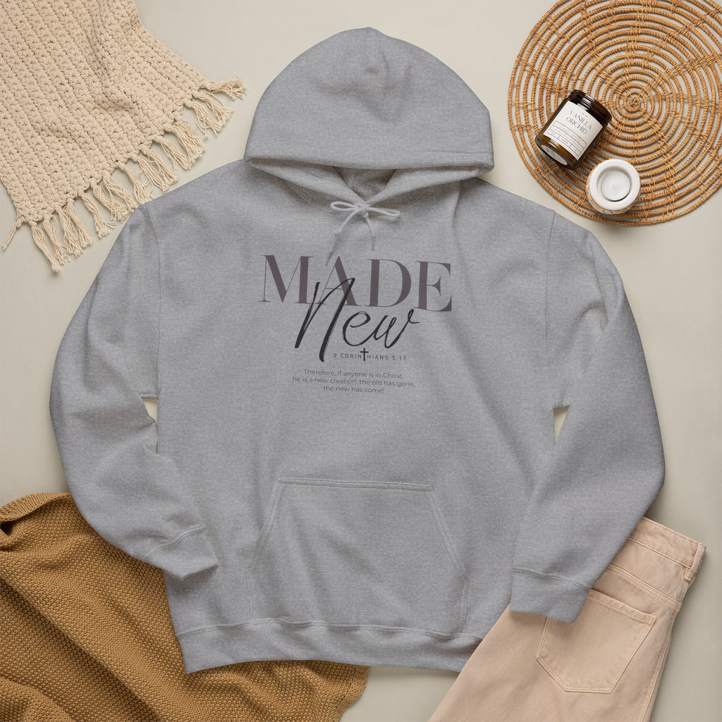 Minimalist Hoodie "Made New" Front Print Pullover, Inspirational Christian Sweatshirt, Aesthetic Faith Clothing