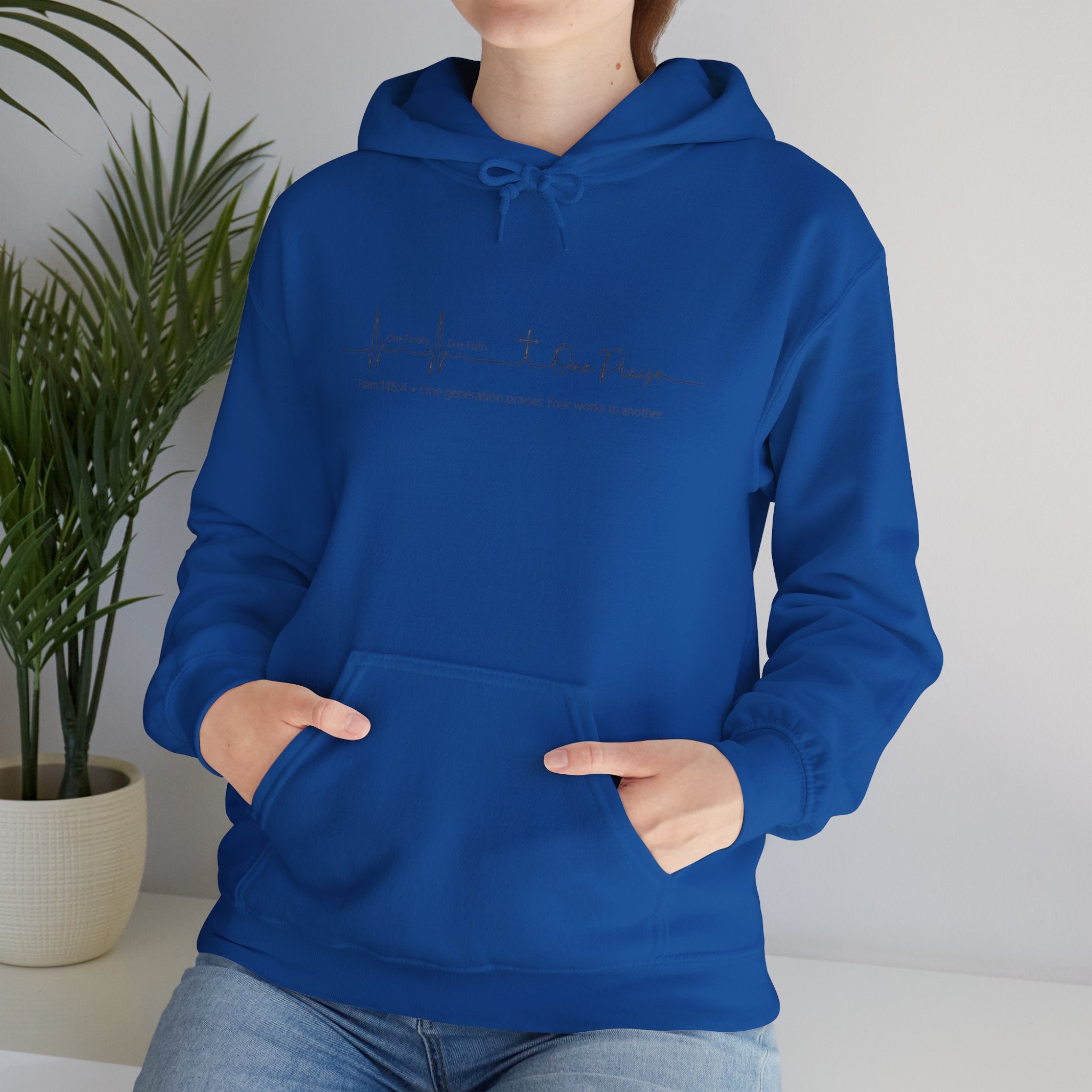 Hoodie "One Faith One Family One Praise" Minimal Heartbeat Faith Script - White Pullover