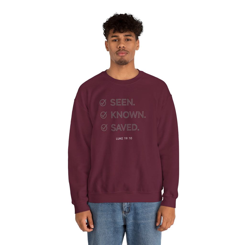 Christian Crewneck Sweatshirt "Seen Known Saved" Pullover, Gospel Faith Message Apparel, Inspirational Religious Sweatshirt