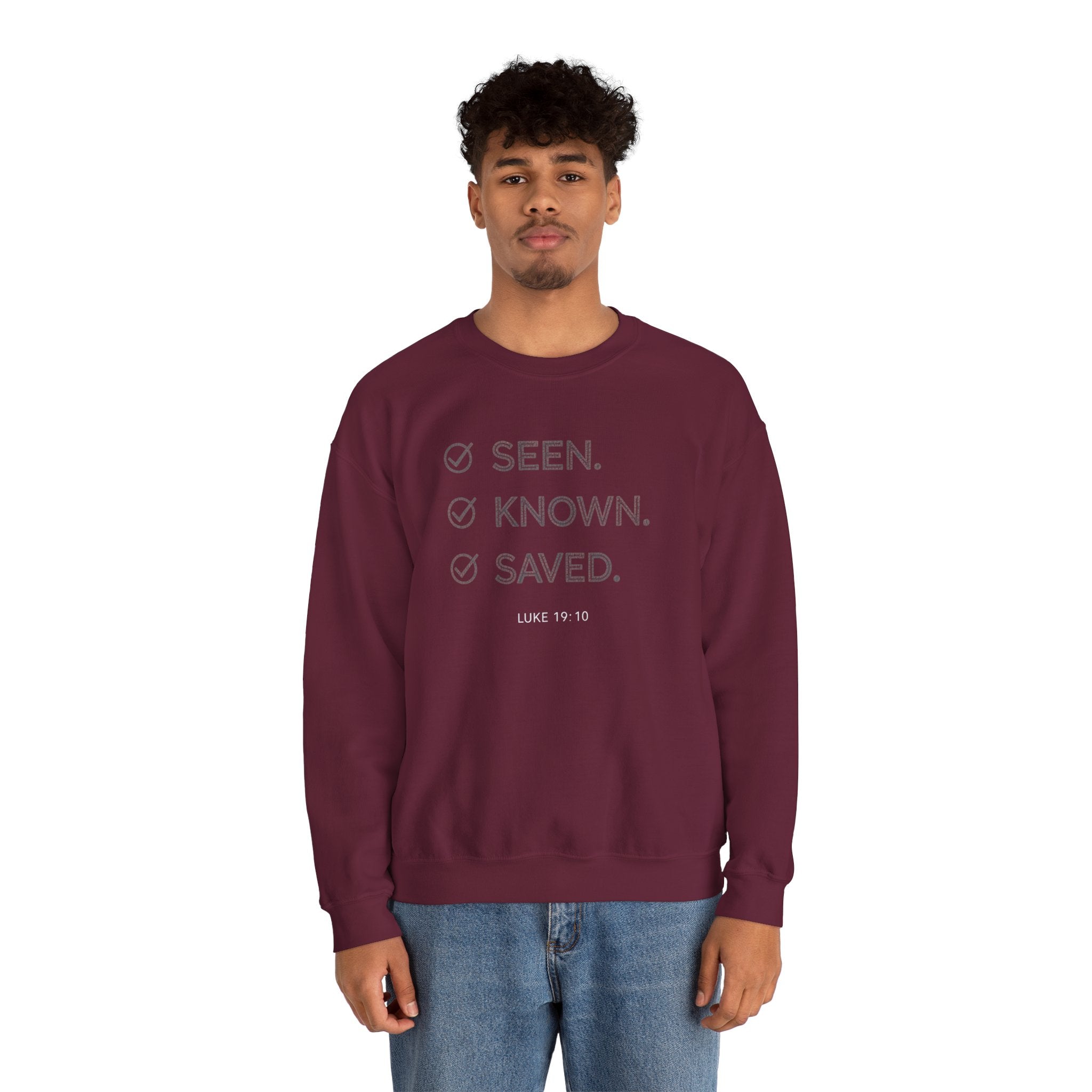 Christian Crewneck Sweatshirt "Seen Known Saved" Pullover, Gospel Faith Message Apparel, Inspirational Religious Sweatshirt