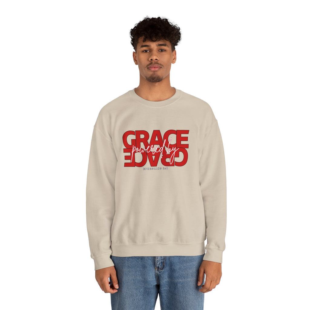 Crewneck Sweatshirt — "Grace Powered By God" Christian Faith Pullover (Ephesians 2:8)