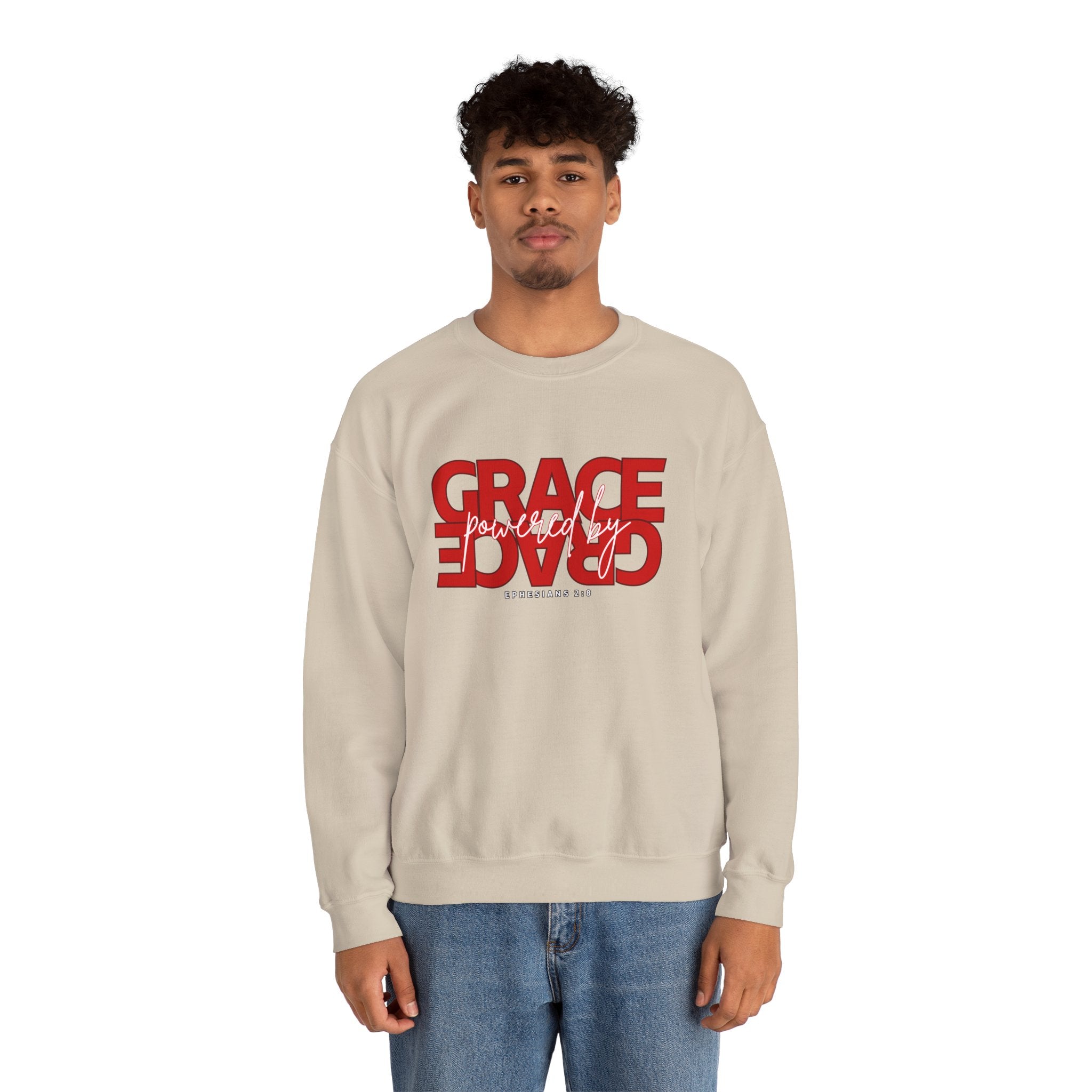 Crewneck Sweatshirt — "Grace Powered By God" Christian Faith Pullover (Ephesians 2:8)