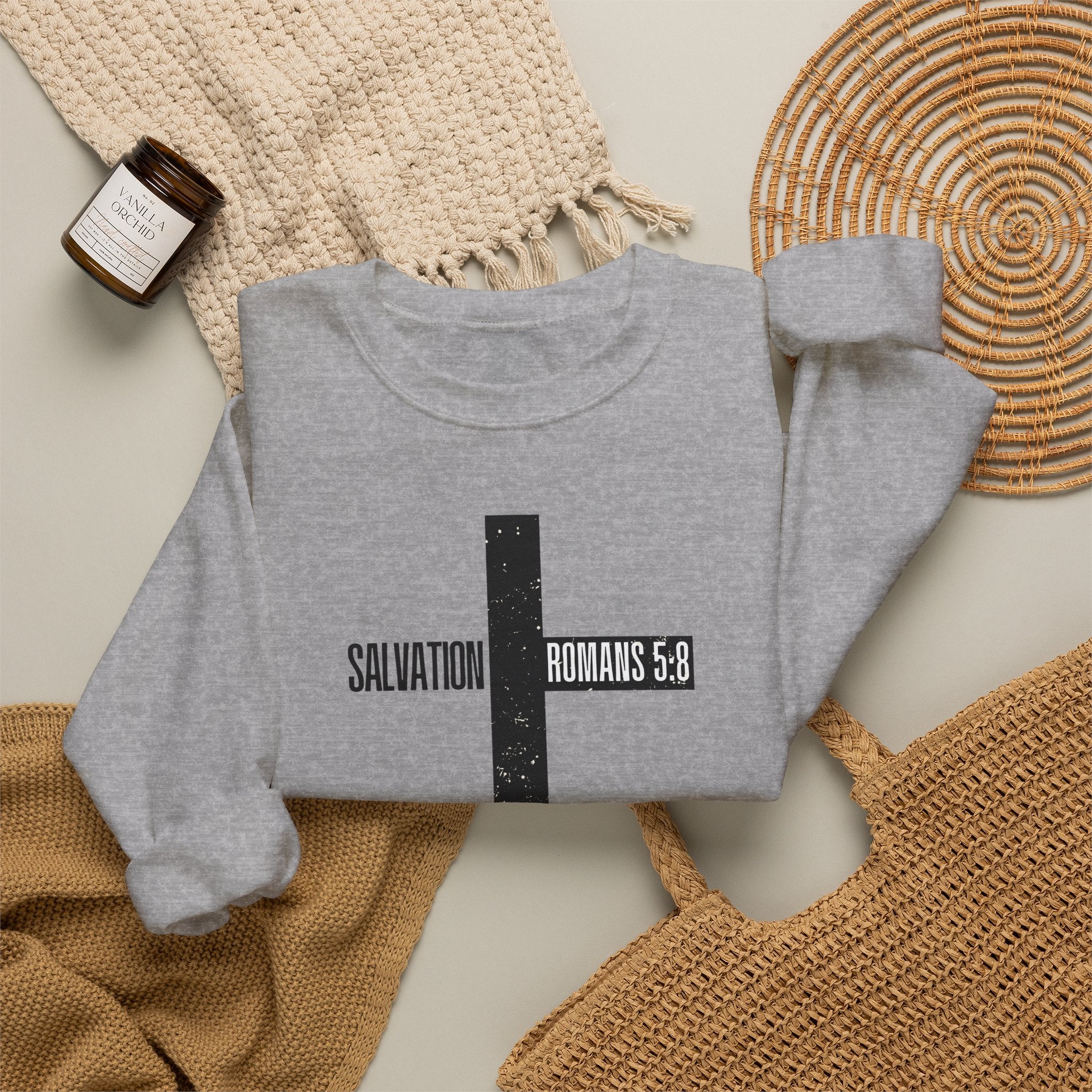 Christian Crewneck Sweatshirt "Salvation" Romans 5:8 Pullover, Jesus Cross Apparel, Faith Grace Graphic Sweatshirt