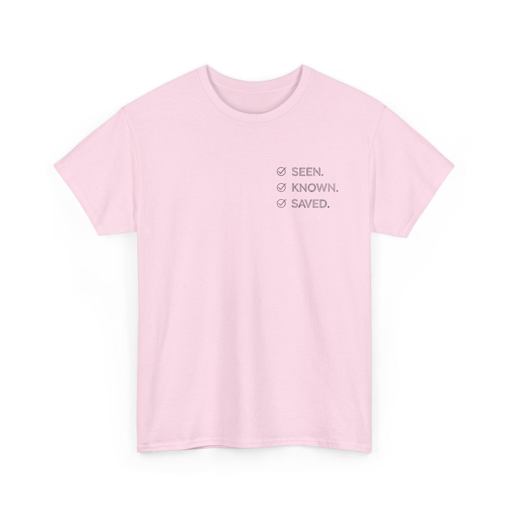 Black Text-Pattern T-Shirt — Seen Known Saved Christian Typography Graphic Tee