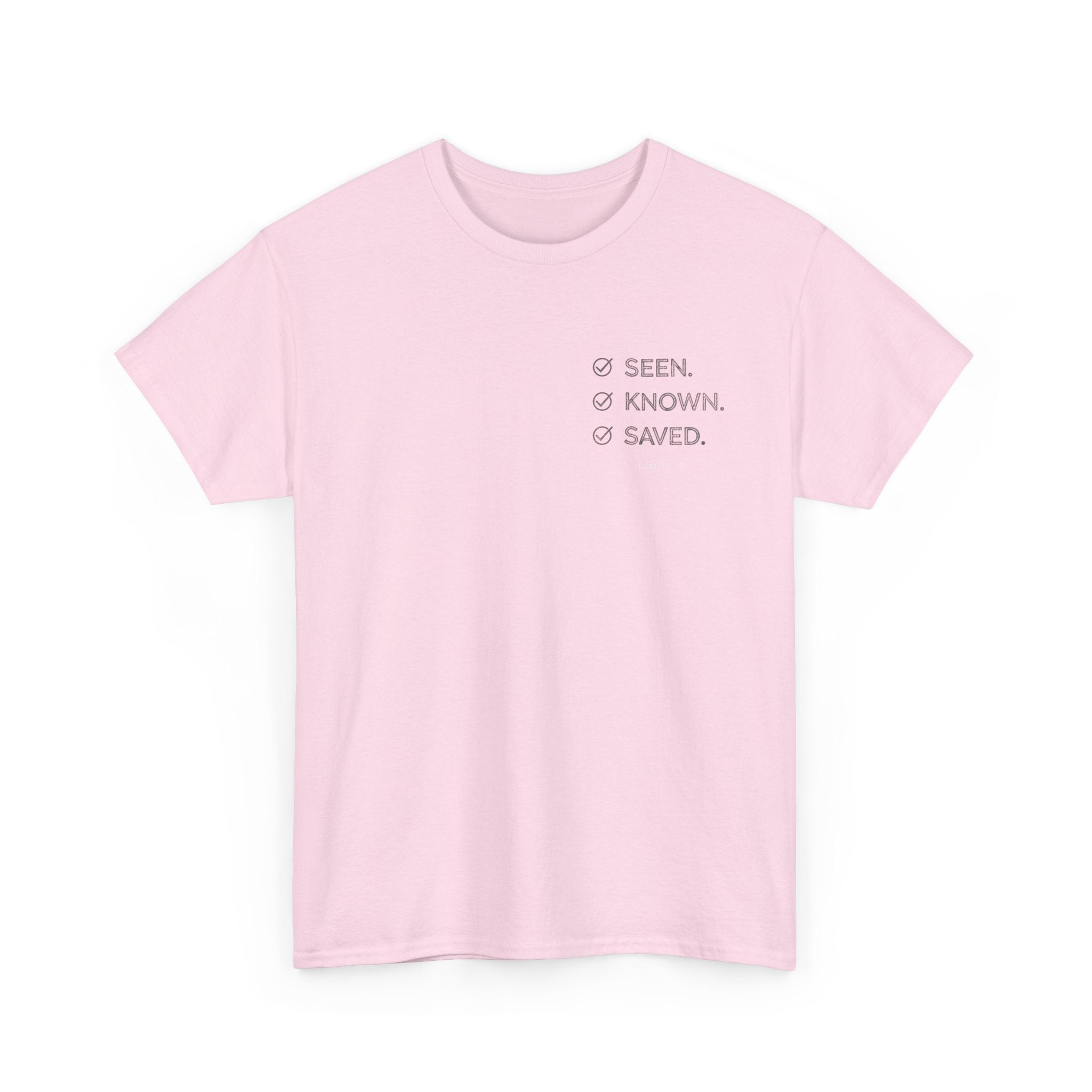 Black Text-Pattern T-Shirt — Seen Known Saved Christian Typography Graphic Tee