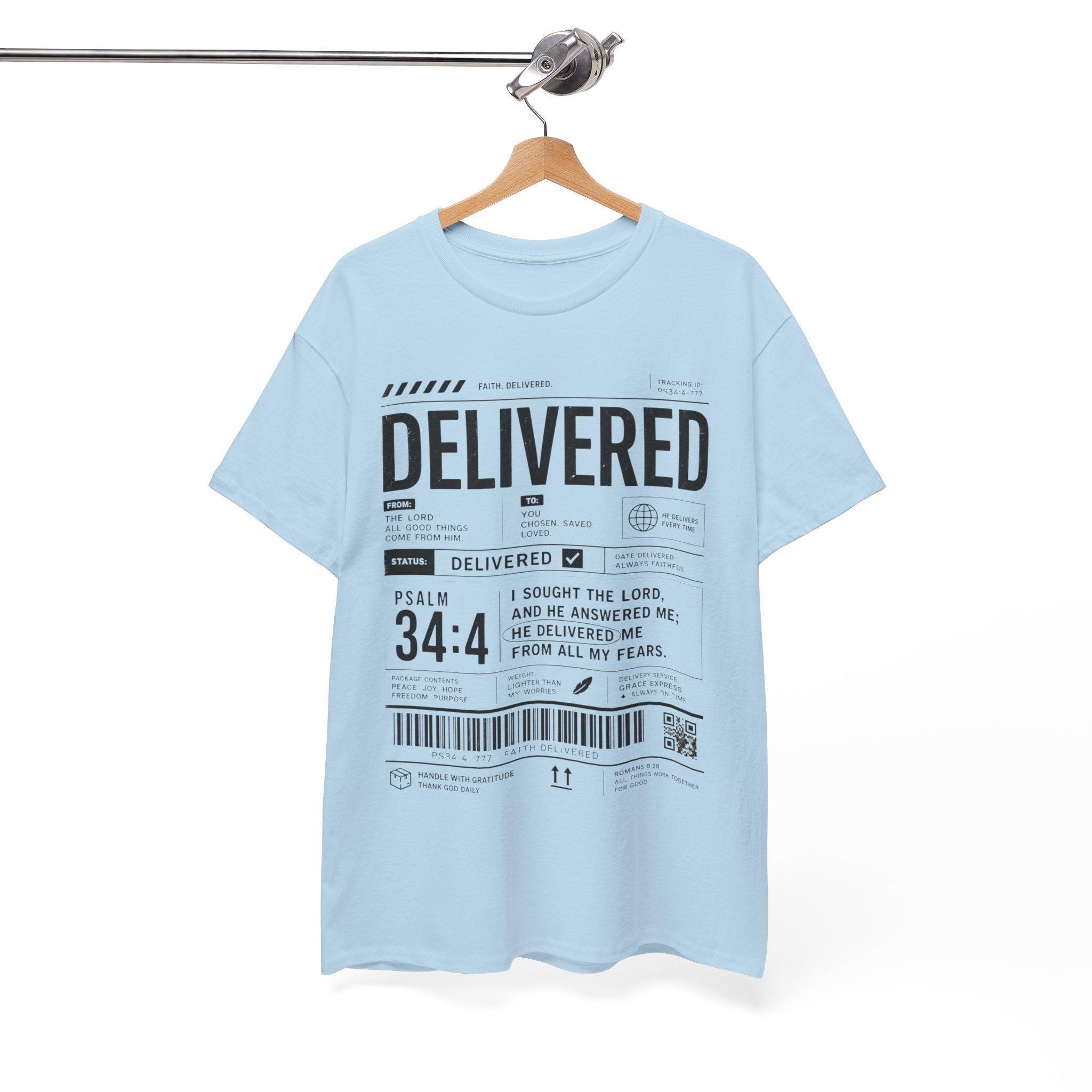 Delivered Graphic Tee — Inspirational Psalm 34:4 Christian T-Shirt
