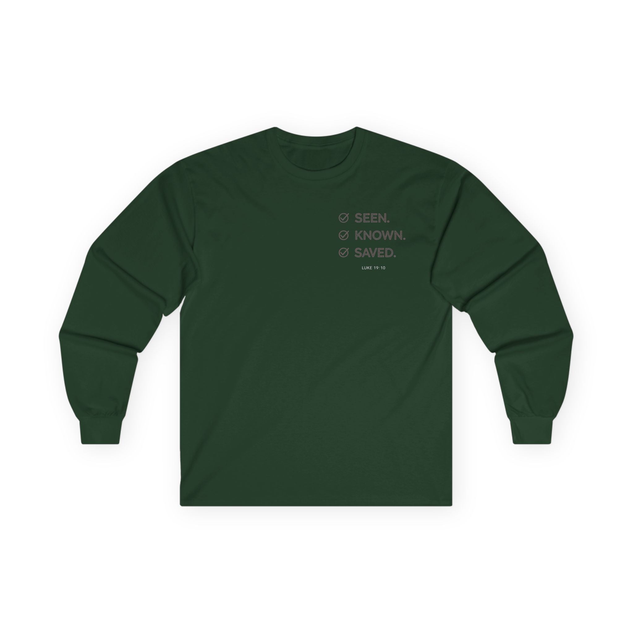 Seen. Known. Saved. Long Sleeve Christian Tee