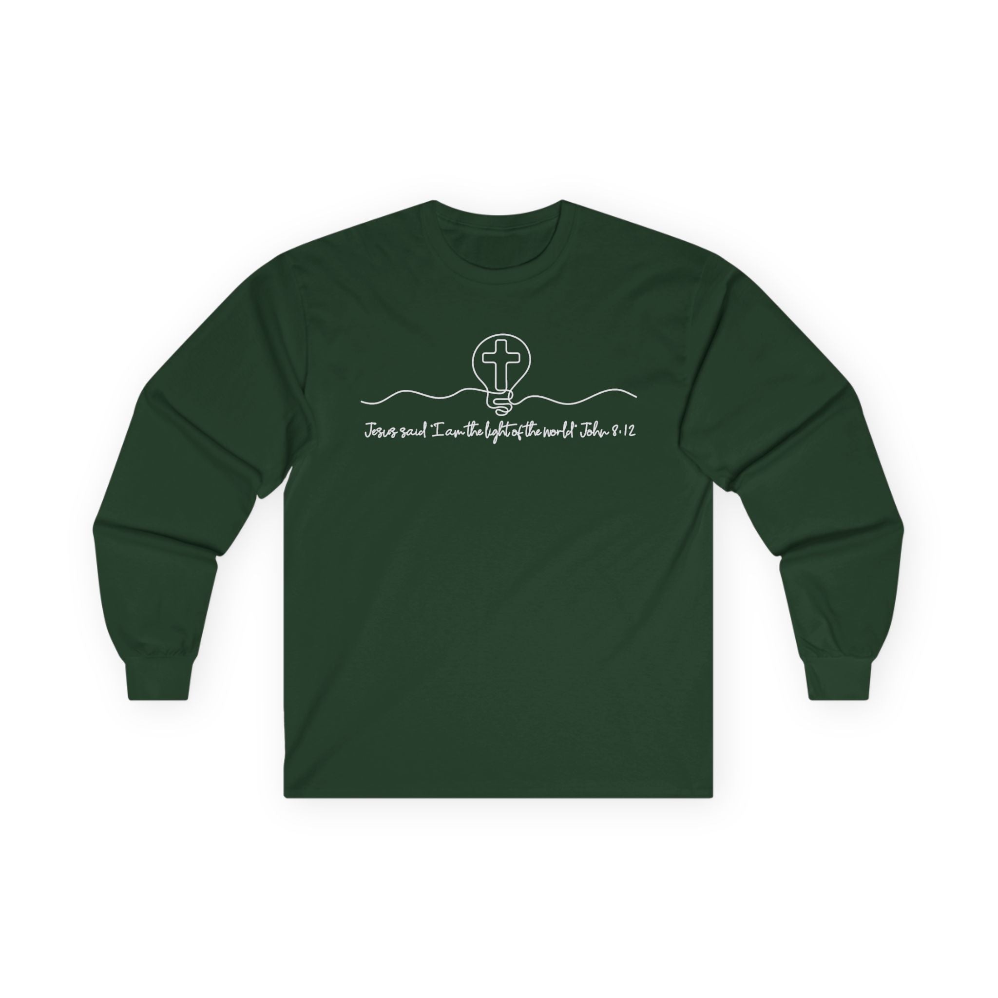 Christian Long Sleeve Tee — "I Am the Light" Minimal Cross Design