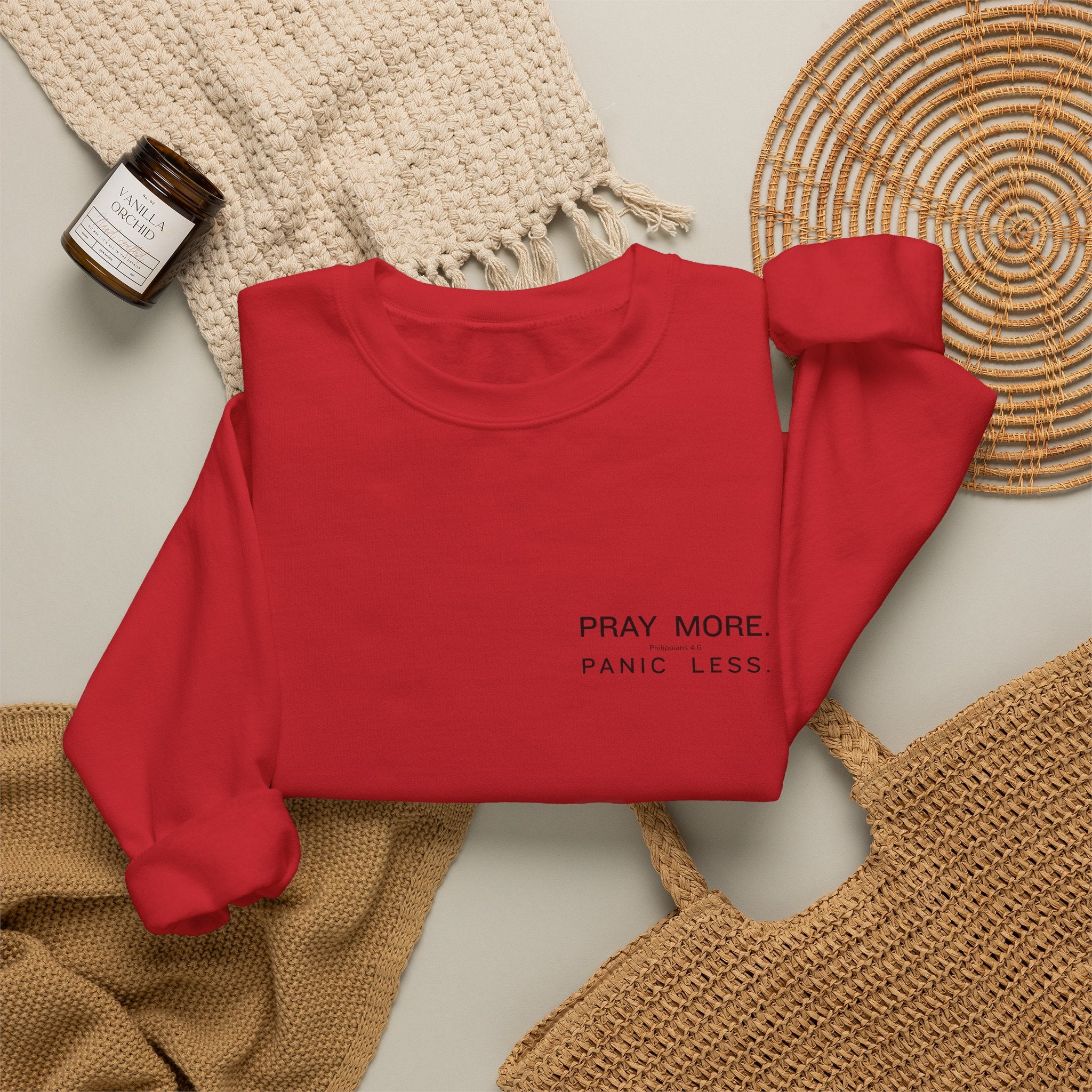 Prayer Graphic Sweatshirt — “Pray More, Panic Less” Crewneck