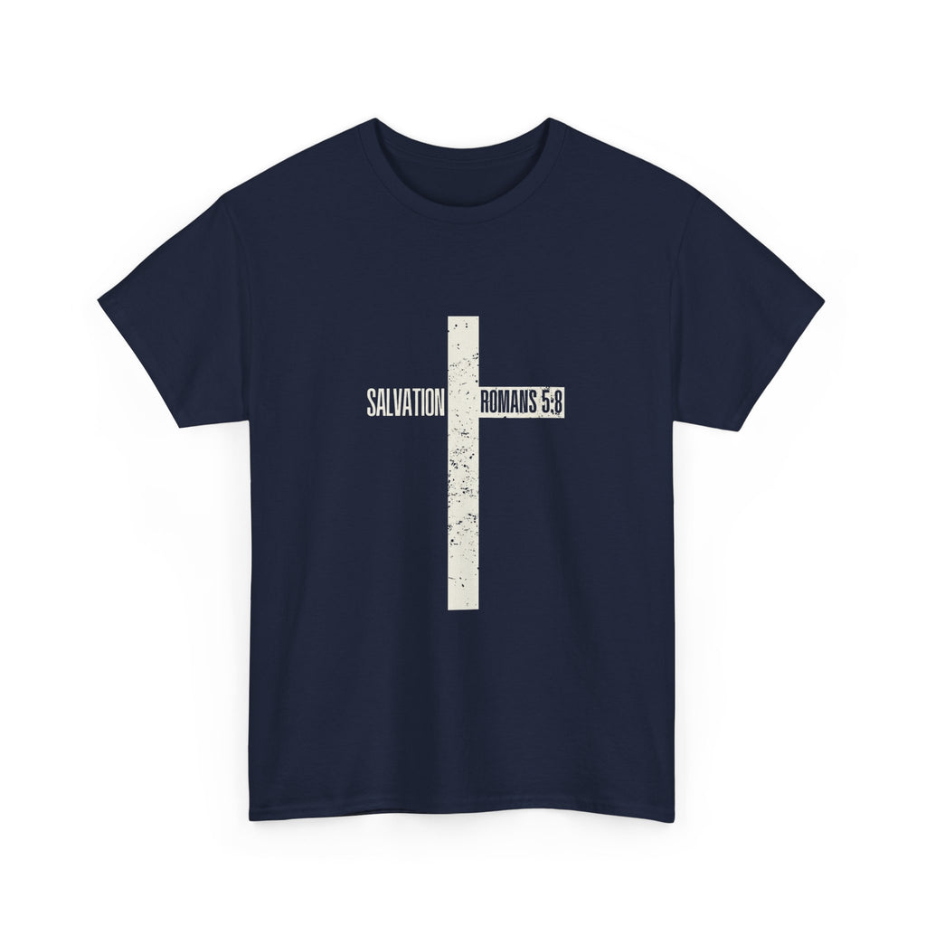 Christian Cross T-Shirt — "Salvation Romans 5:8" Faith Tee