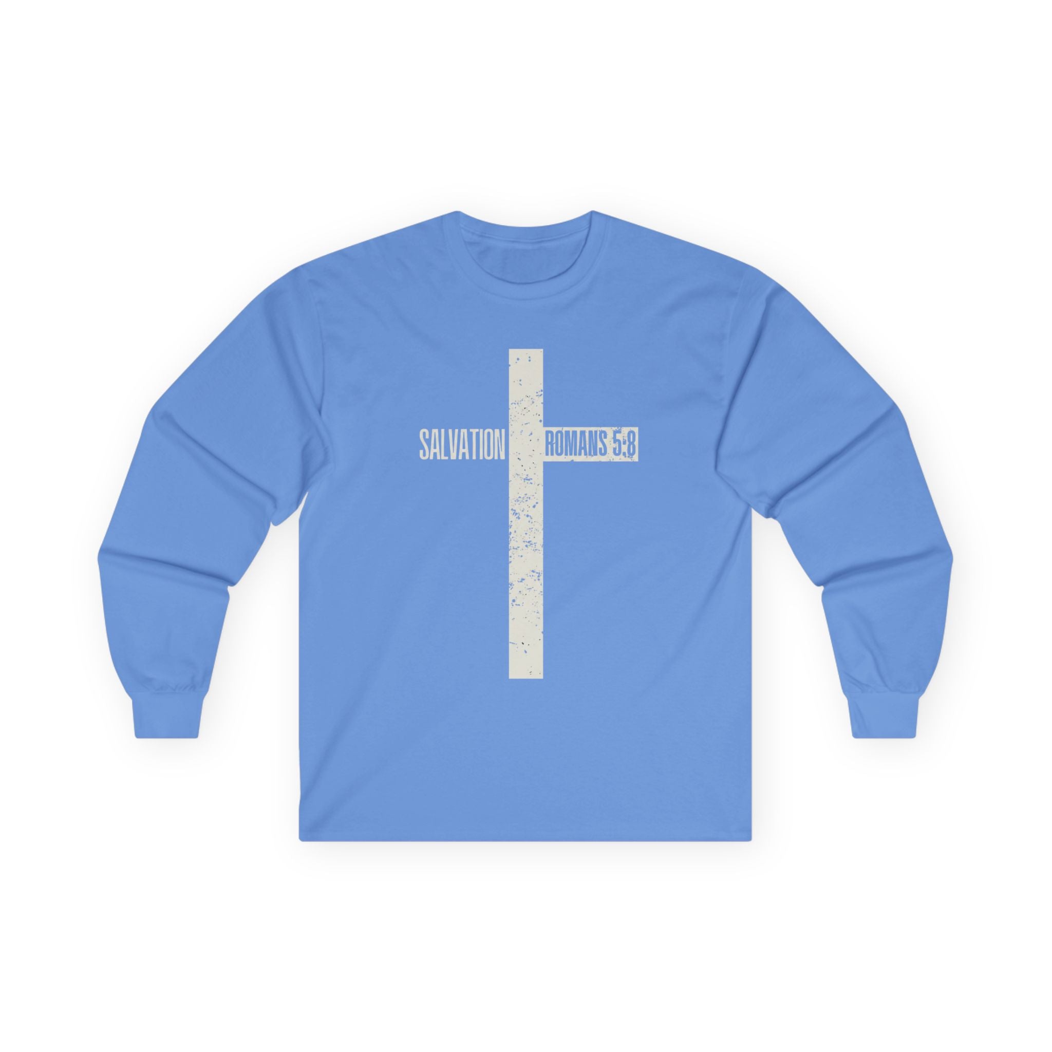 Salvation Cross Long Sleeve Tee — "Romans 5:8" Christian Faith Shirt