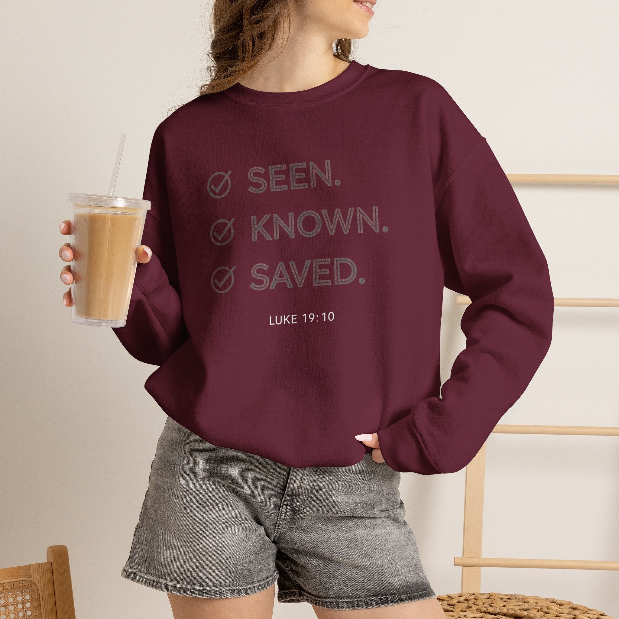 Christian Crewneck Sweatshirt "Seen Known Saved" Pullover, Gospel Faith Message Apparel, Inspirational Religious Sweatshirt