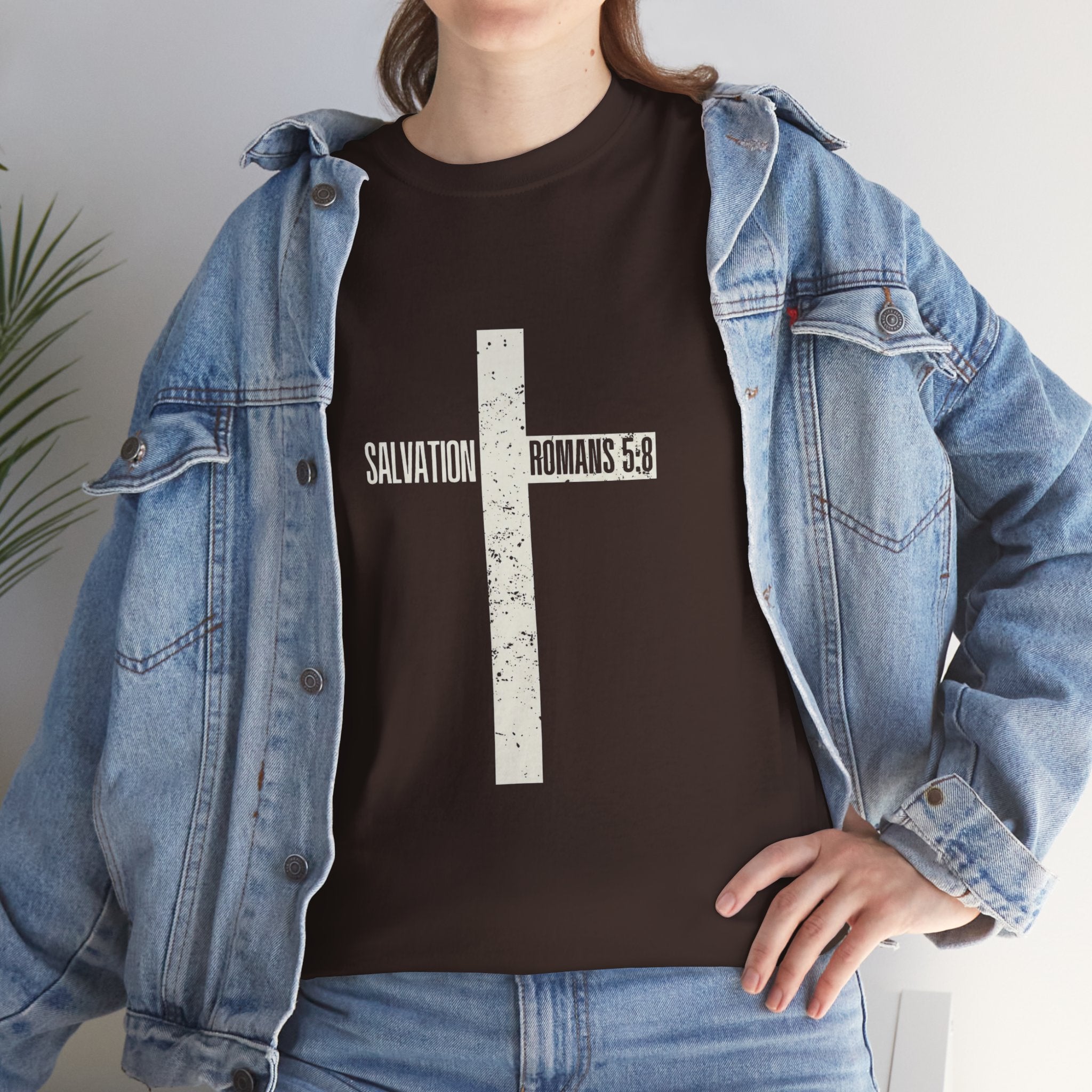 Christian Cross T-Shirt — "Salvation Romans 5:8" Faith Tee