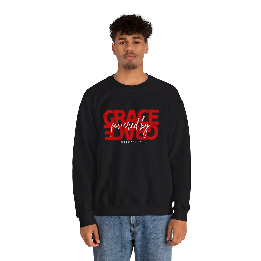 Crewneck Sweatshirt — "Grace Powered By God" Christian Faith Pullover (Ephesians 2:8)