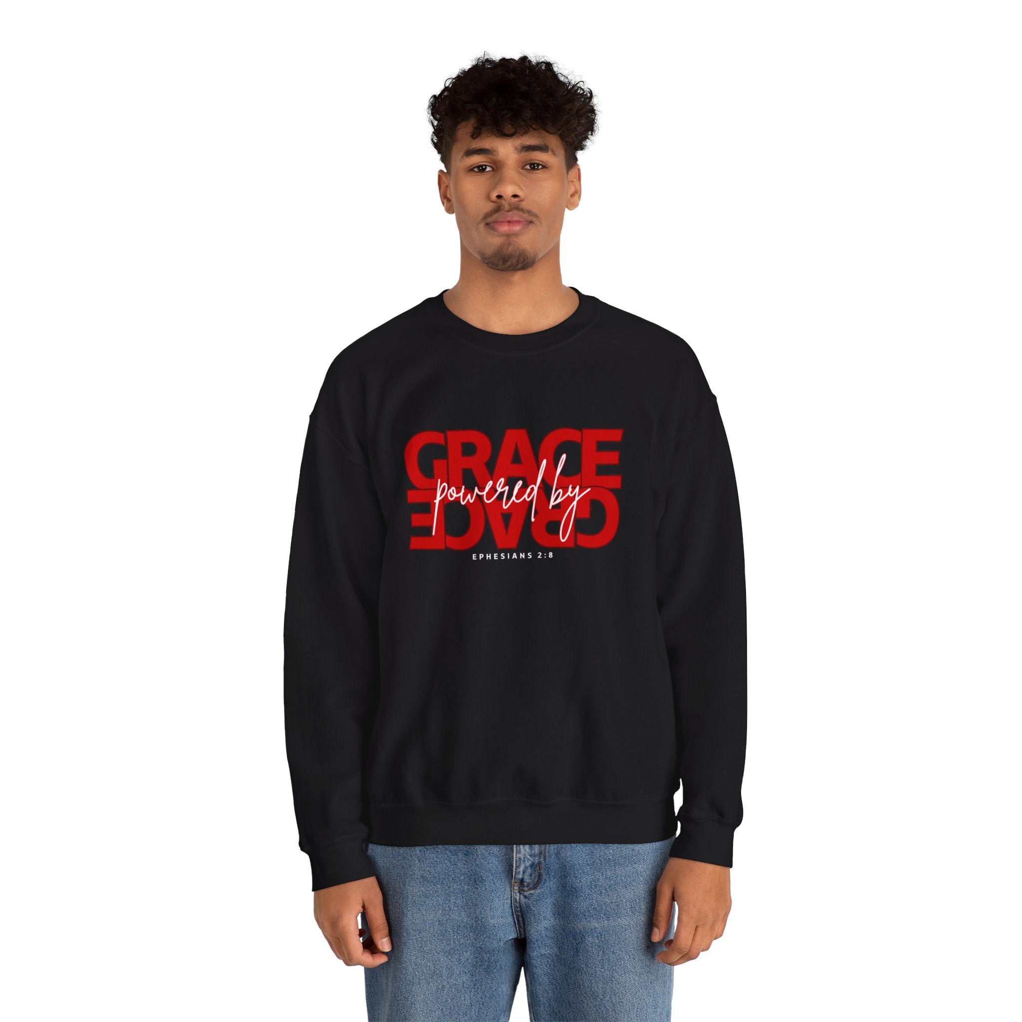 Crewneck Sweatshirt — "Grace Powered By God" Christian Faith Pullover (Ephesians 2:8)