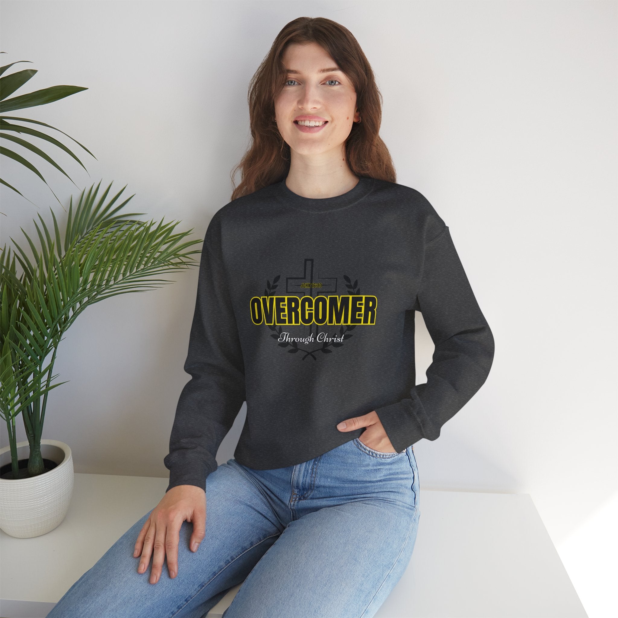 "Overcomer" Cross Graphic Crewneck – Unisex Minimalist Faith Pullover