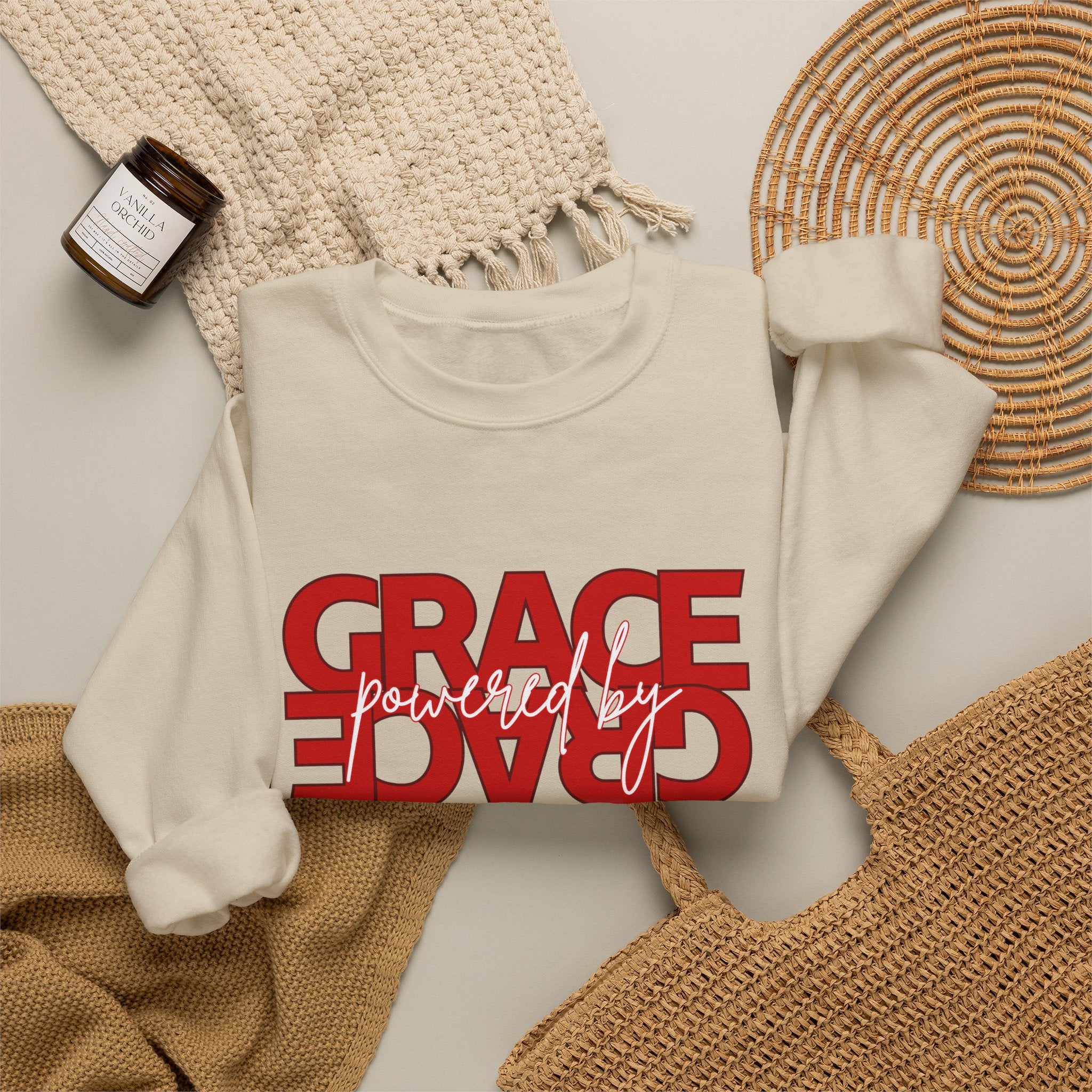 Crewneck Sweatshirt — "Grace Powered By God" Christian Faith Pullover (Ephesians 2:8)