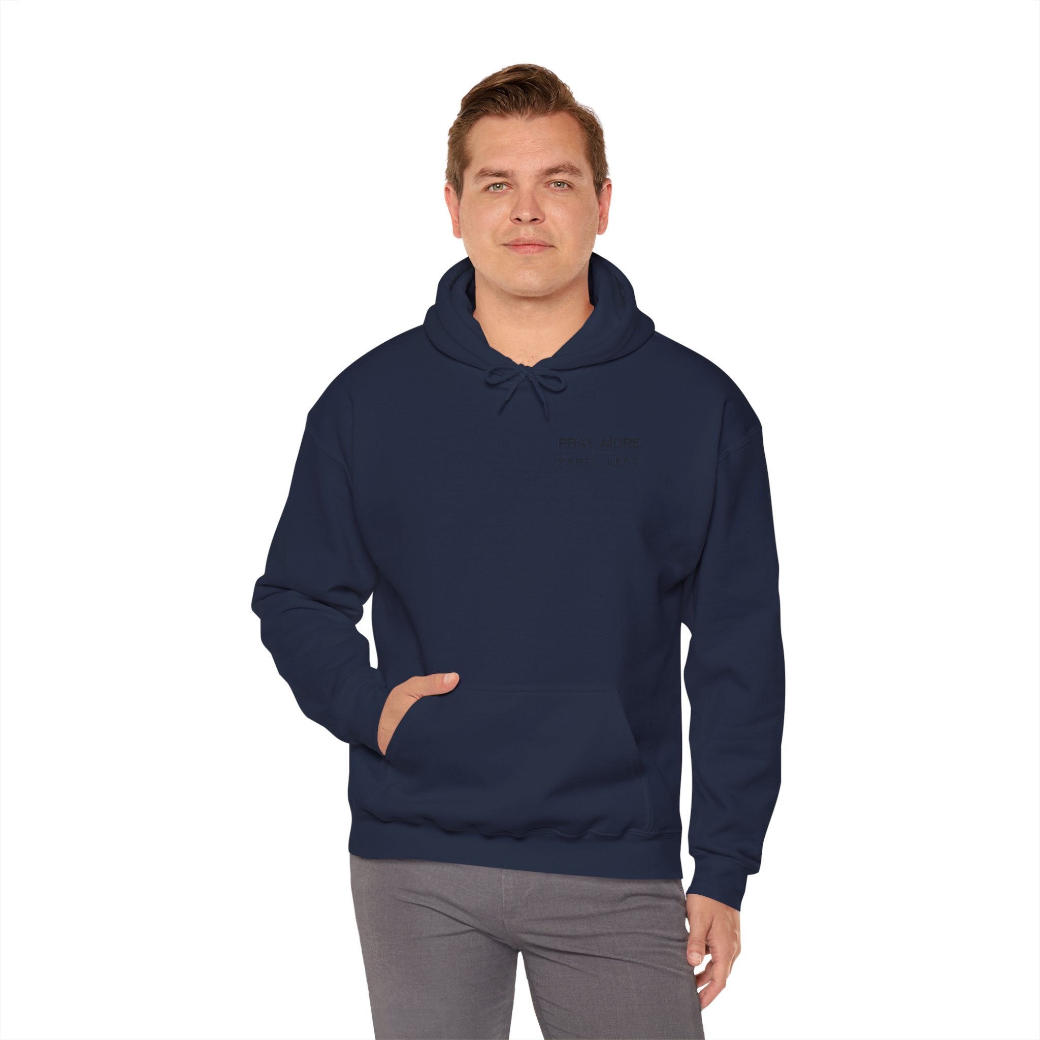 Minimal 'Pray More, Panic Less' Hoodie — Monochrome Graphic Back Print