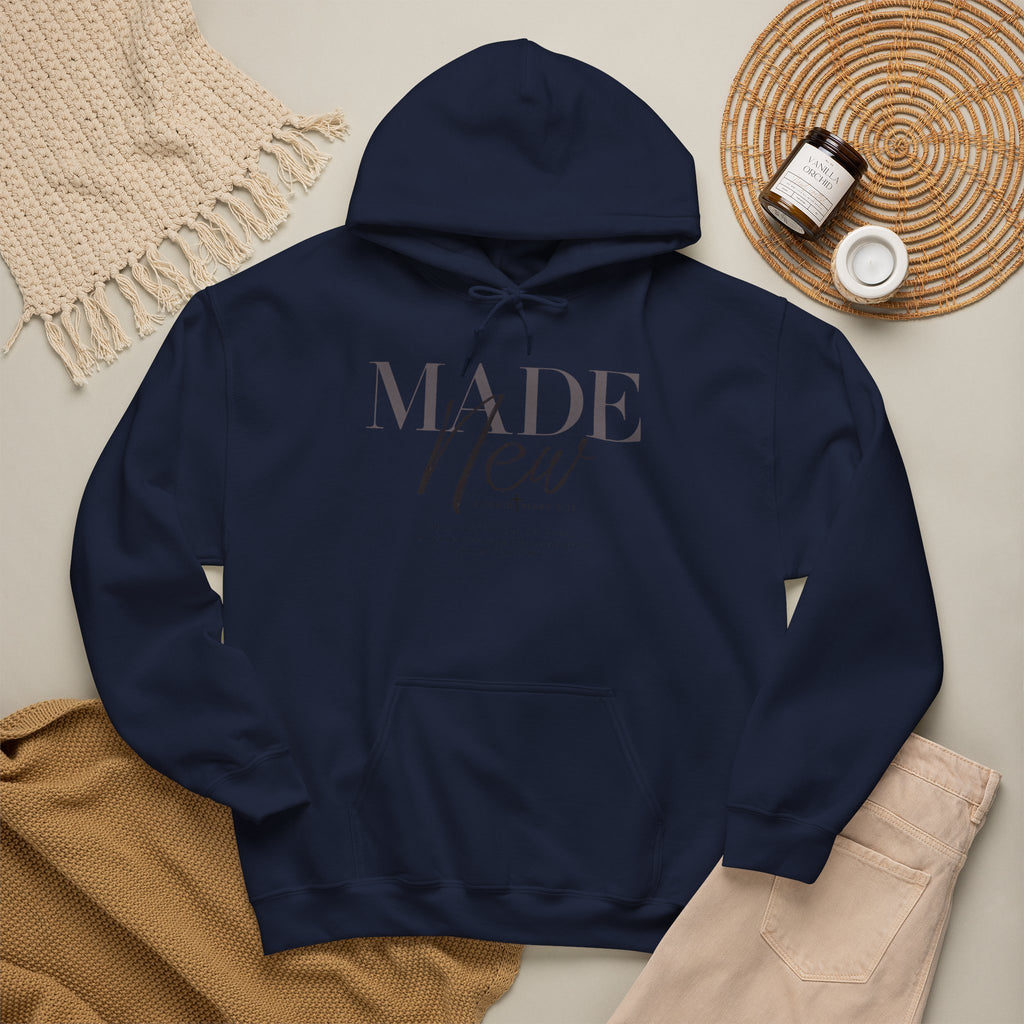 Minimalist Hoodie "Made New" Front Print Pullover, Inspirational Christian Sweatshirt, Aesthetic Faith Clothing