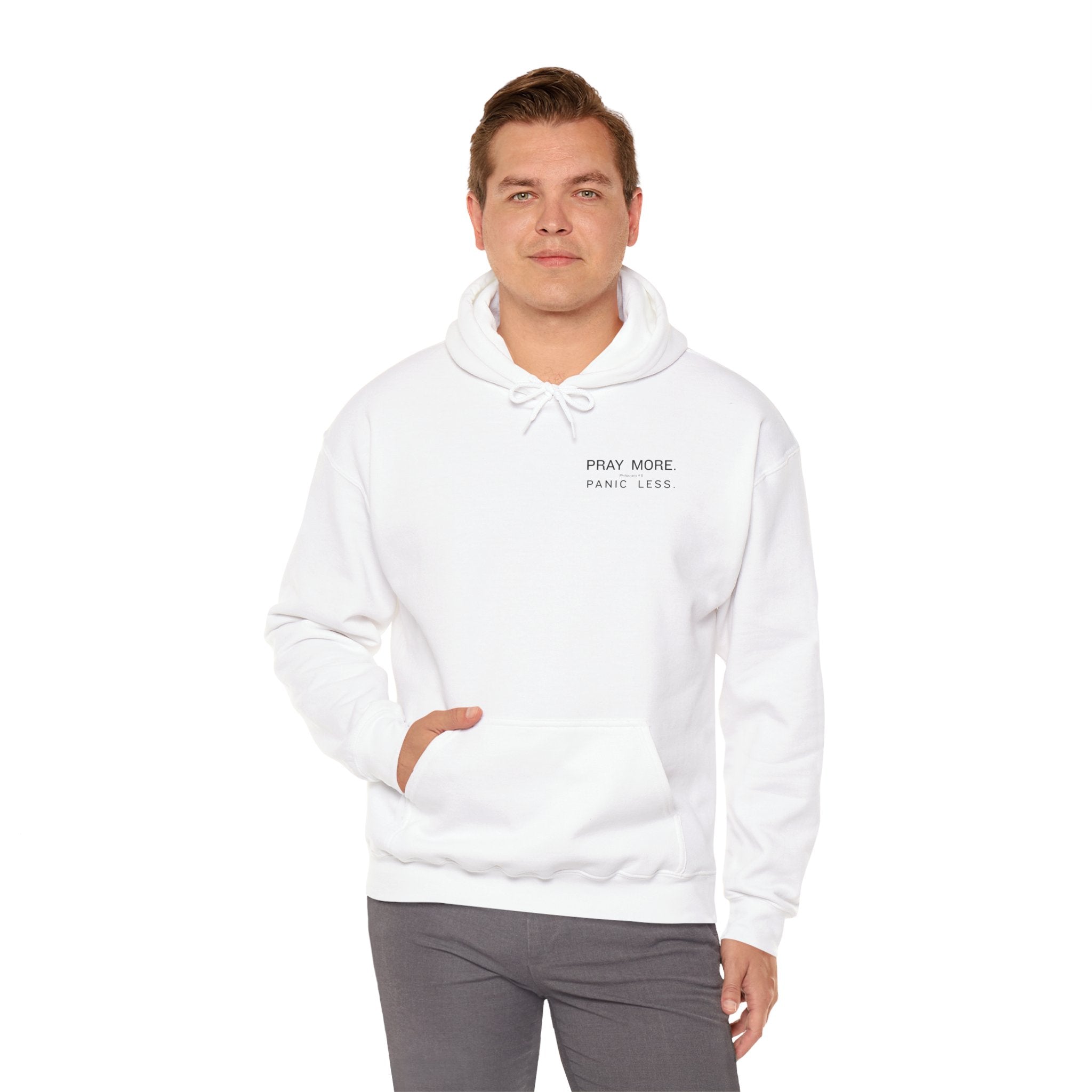 Minimal 'Pray More, Panic Less' Hoodie — Monochrome Graphic Back Print