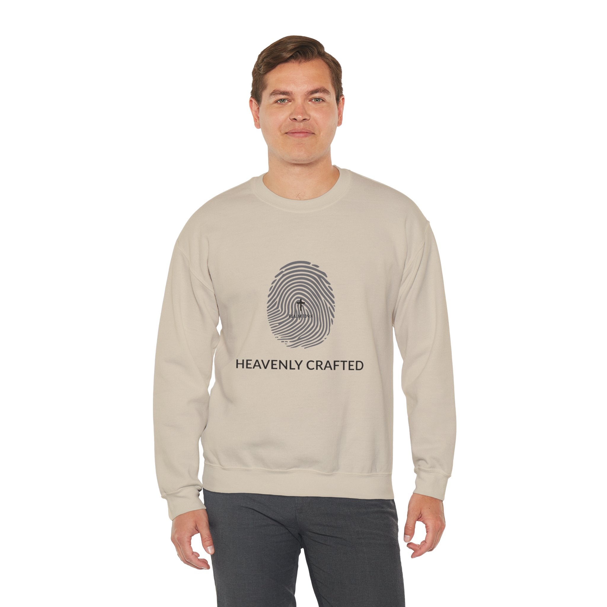 Christian Crewneck Sweatshirt "Heavenly Crafted" Fingerprint Pullover, Psalm 139 Identity Apparel, Unique Faith Graphic Sweatshirt