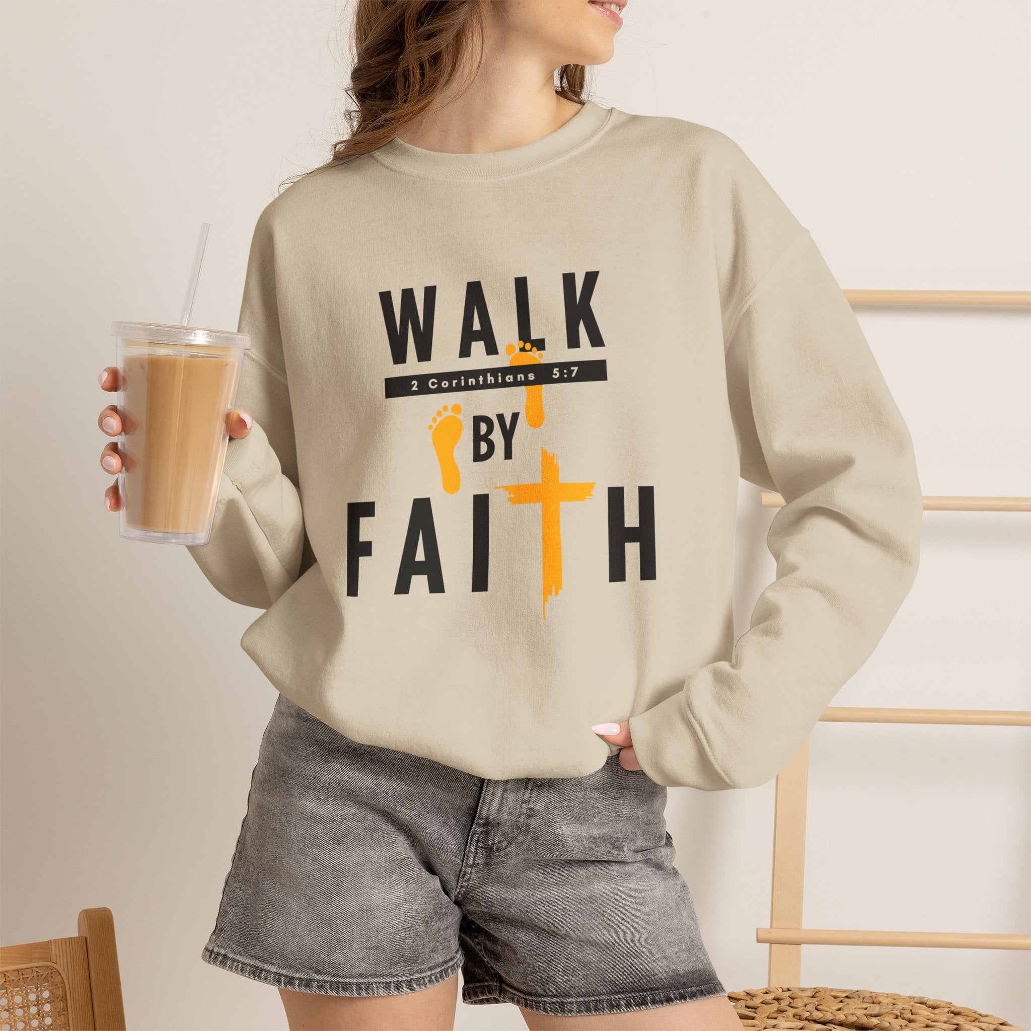 Christian Crewneck Sweatshirt "Walk By Faith" Pullover, 2 Corinthians 5:7 Apparel, Inspirational Faith Graphic Sweatshirt