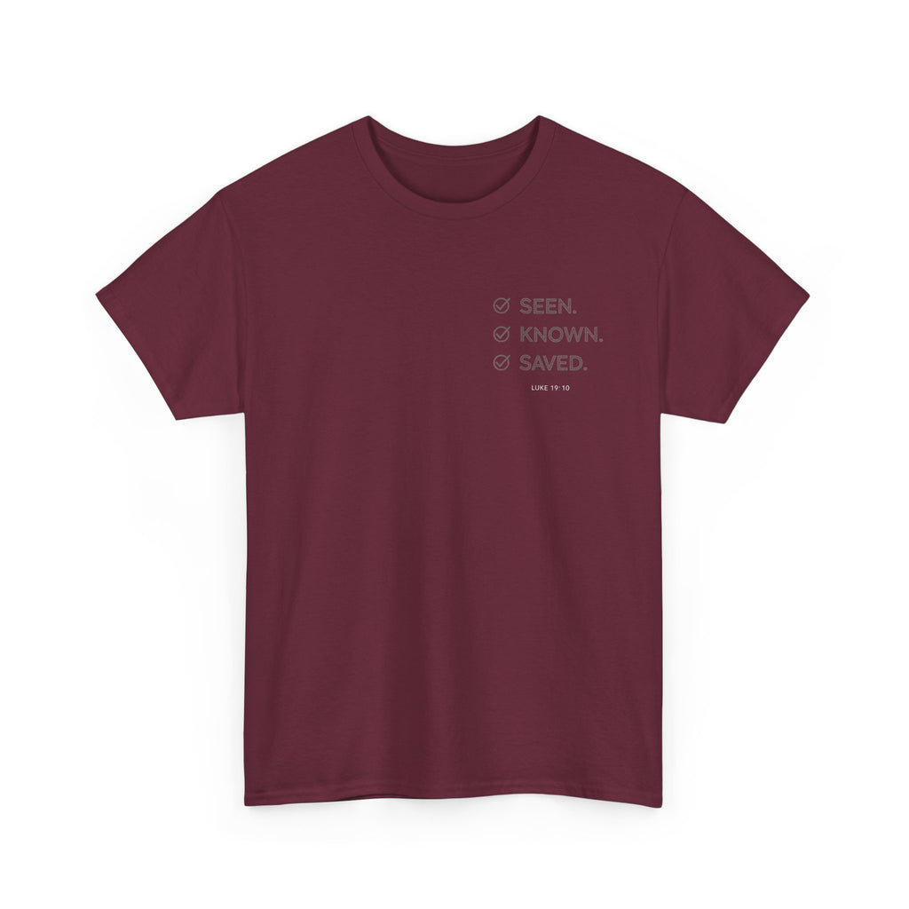 Black Text-Pattern T-Shirt — Seen Known Saved Christian Typography Graphic Tee