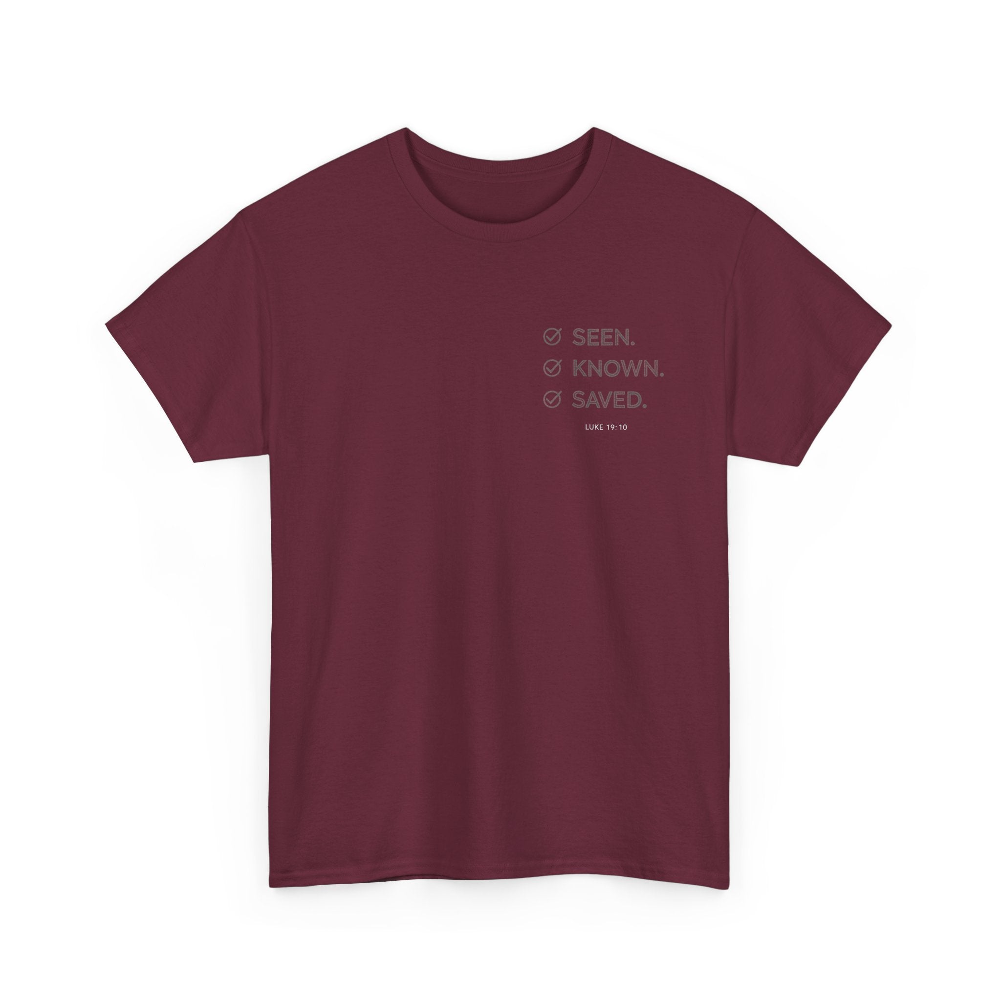 Black Text-Pattern T-Shirt — Seen Known Saved Christian Typography Graphic Tee