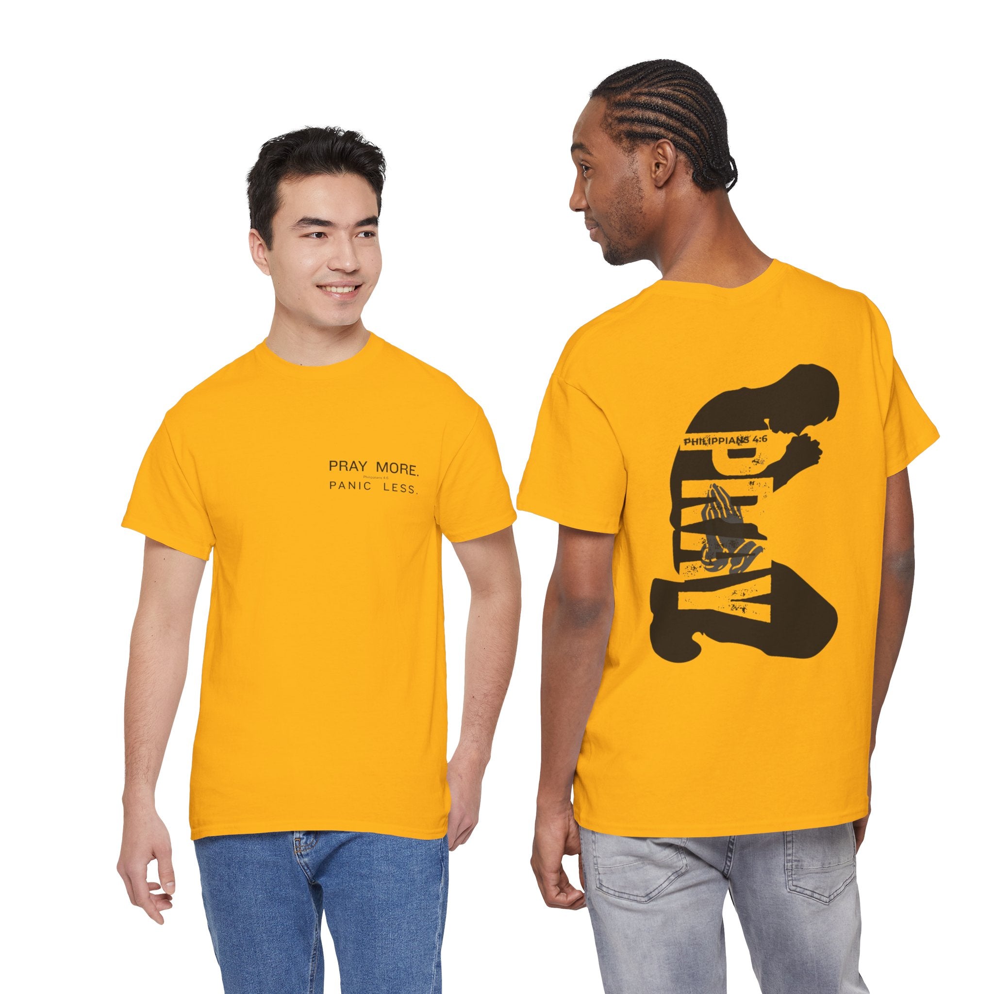 Pray More Tee — "Pray More, Panic Less" Christian Graphic T-Shirt