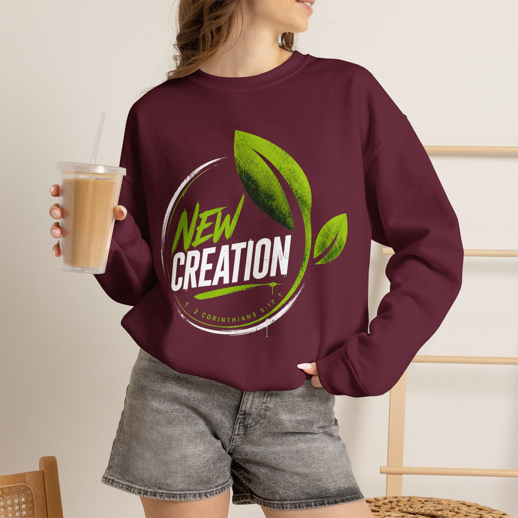 Christian Crewneck Sweatshirt "New Creation" Pullover, 2 Corinthians 5:17 Scripture Apparel, Green Leaf Graphic Sweatshirt