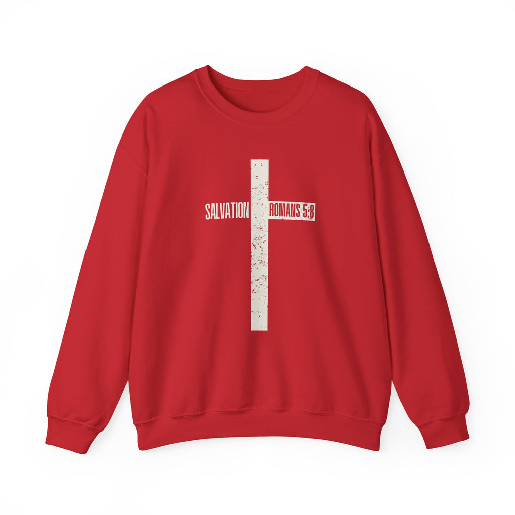 Christian Crewneck Sweatshirt "Salvation" Romans 5:8 Pullover, White Cross Graphic Apparel, Rustic Style Faith Sweatshirt