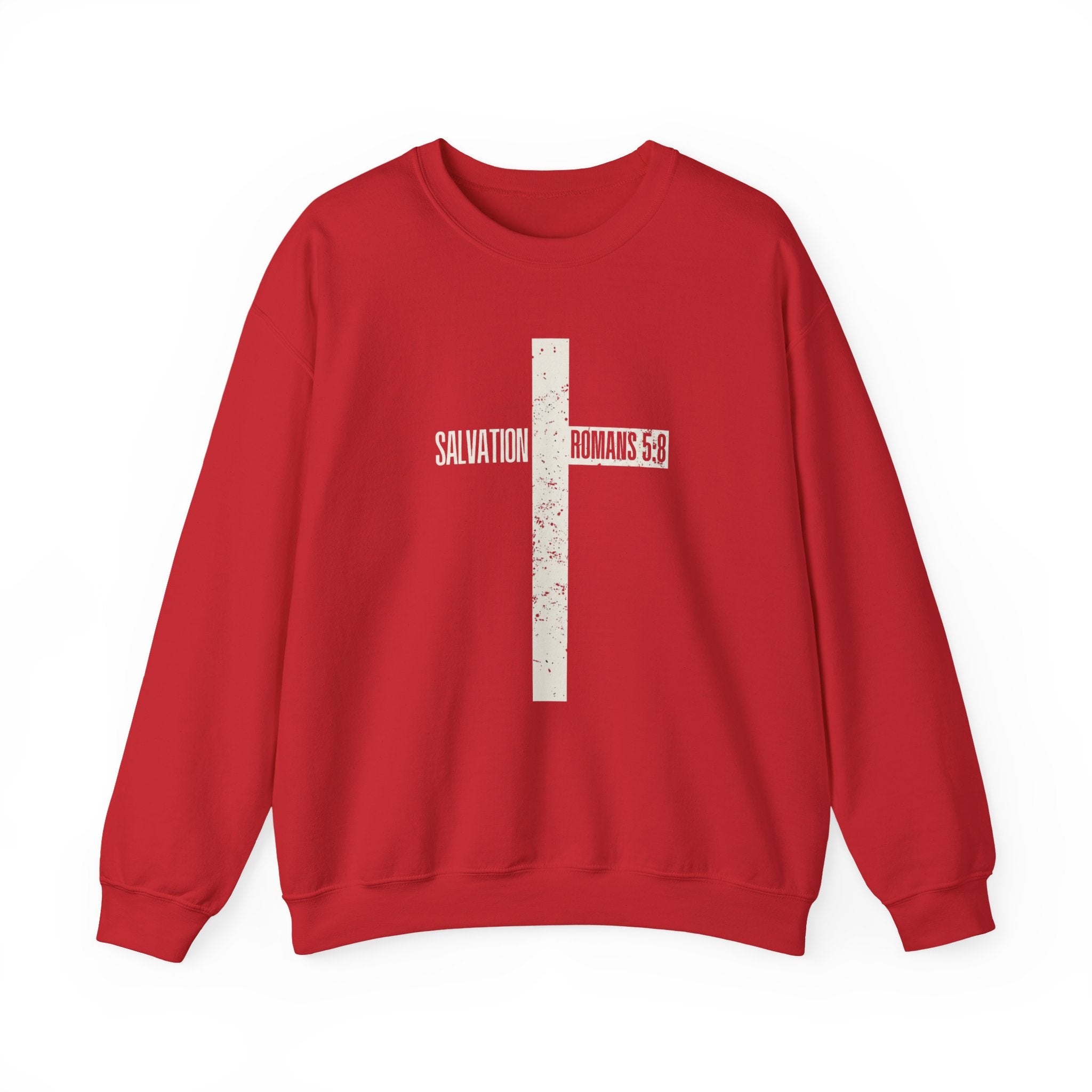 Christian Crewneck Sweatshirt "Salvation" Romans 5:8 Pullover, White Cross Graphic Apparel, Rustic Style Faith Sweatshirt