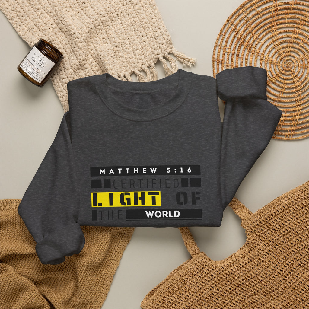 Christian Crewneck Sweatshirt "Certified Light of the World" Pullover, Matthew 5:14 Scripture Apparel, Trendy Faith Graphic Sweatshirt